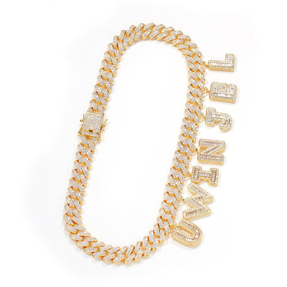 12mm Cuban Link Name Necklace With Micro Paved Initial Charms Letters