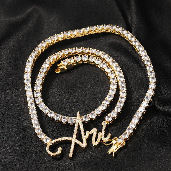Custom  Iced Out Cursive Name Necklace With  Tennis Style Chain