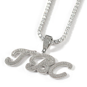 Tennis Chain Necklace with Custom Small Brush Cursive Letter Micro Paved CZ Name Pendant